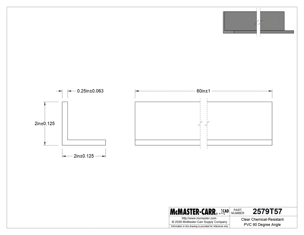 Technical Drawing of Clear Chemical-Resistant PVC 90 Degree Angle, 2" x 2" Outside Size, 5 Feet Long.